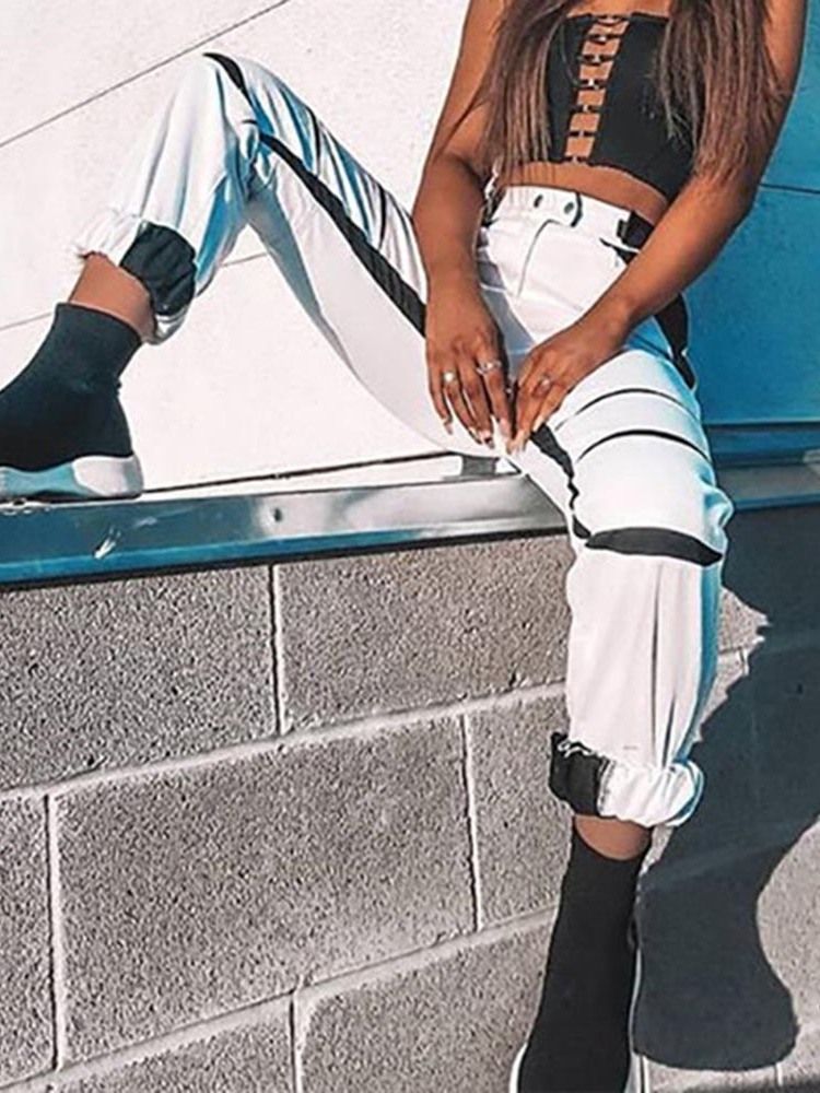 Calça Casual Feminina Com Bloco De Cores Solto E Comprimento Total