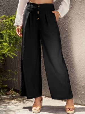 Calça Casual Feminina Com Botão Liso E Pernas Largas Completa