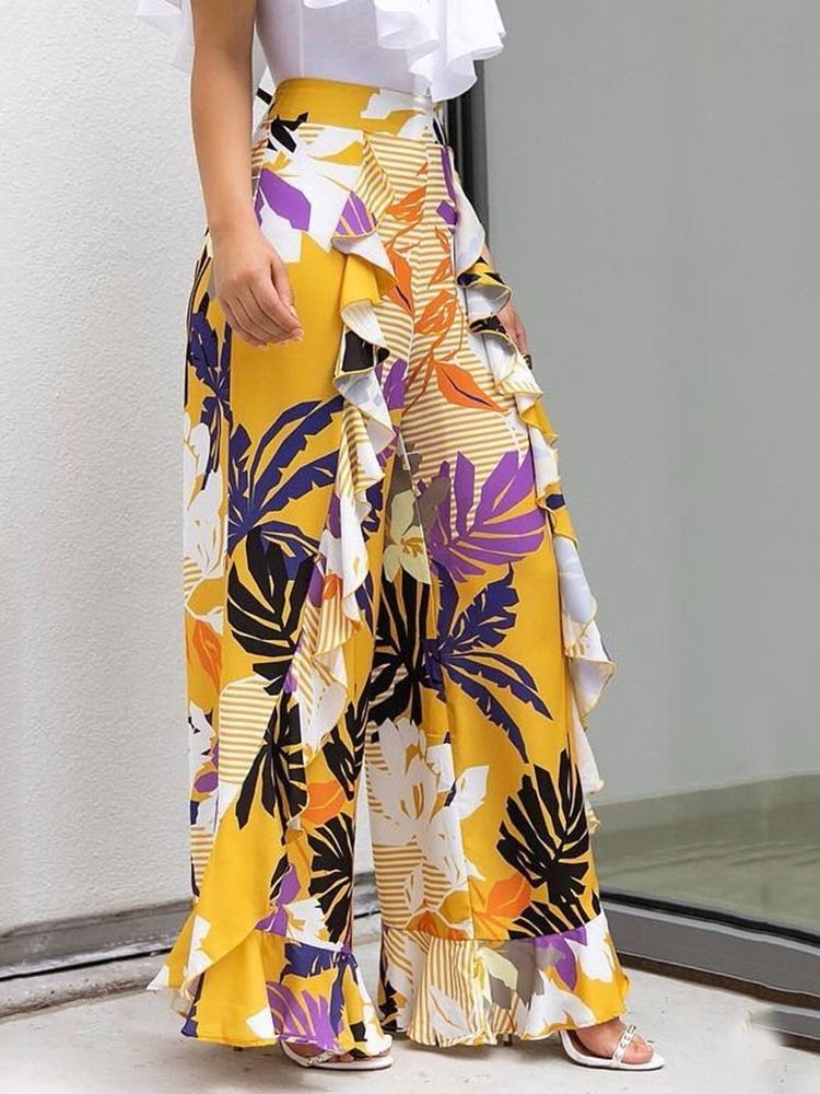 Calça Casual Feminina Com Estampa Franzida E Pernas Largas Soltas