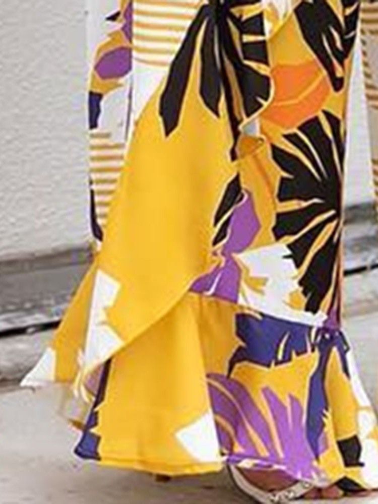 Calça Casual Feminina Com Estampa Franzida E Pernas Largas Soltas