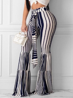 Calça Casual Feminina Com Riscas De Renda Slim De Comprimento Total Bellbottoms
