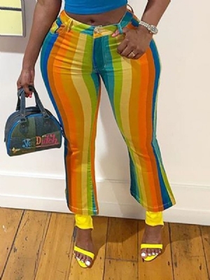 Calça Casual Feminina Com Zíper Fino Cor Block Bellbottoms