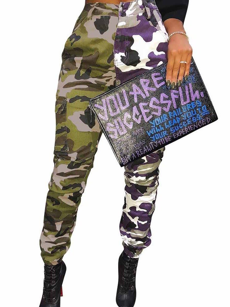 Calça Casual Feminina Estampa Colorida Em Bloco Camuflagem Alta Cintura Patchwork