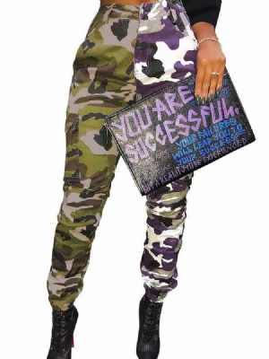 Calça Casual Feminina Estampa Colorida Em Bloco Camuflagem Alta Cintura Patchwork
