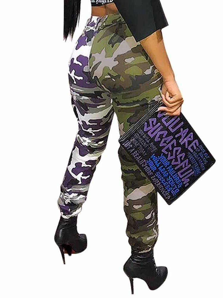 Calça Casual Feminina Estampa Colorida Em Bloco Camuflagem Alta Cintura Patchwork