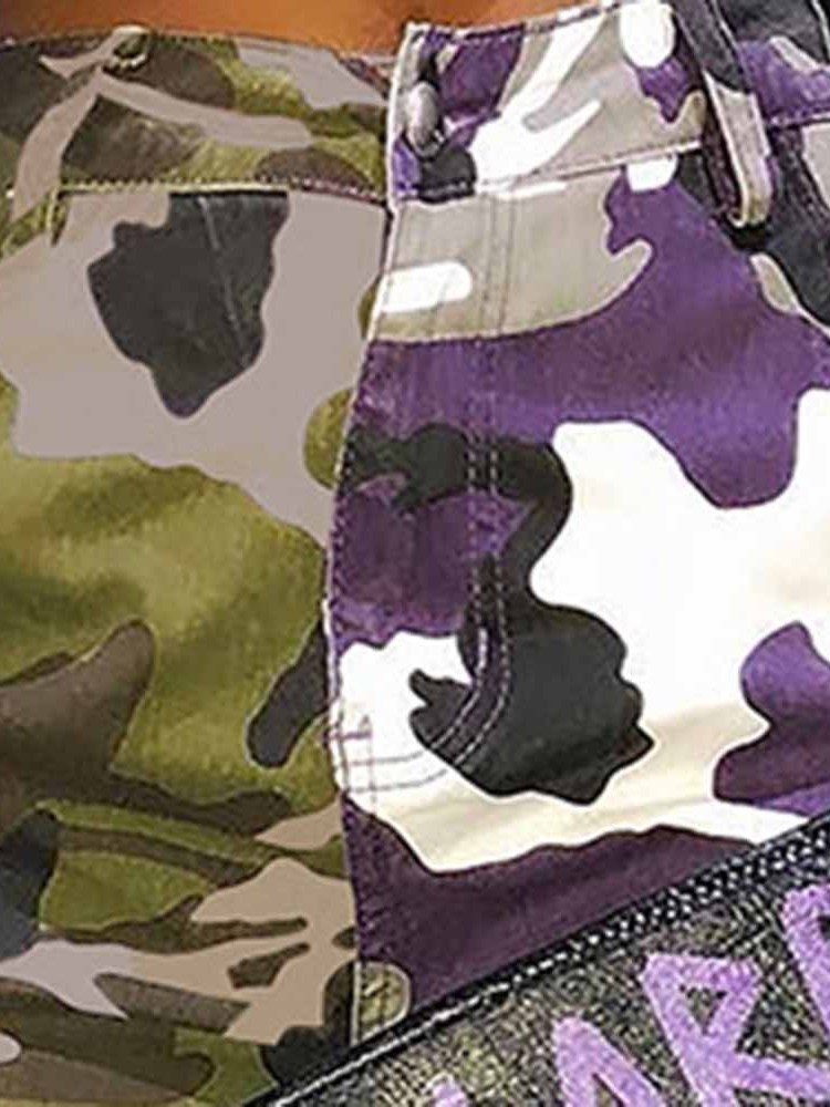 Calça Casual Feminina Estampa Colorida Em Bloco Camuflagem Alta Cintura Patchwork