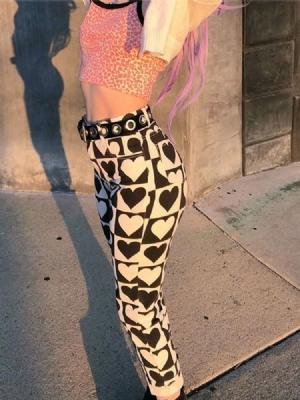 Calça Casual Feminina Estampa Slim Cartoon Color Block Cintura Alta Na Panturrilha Média