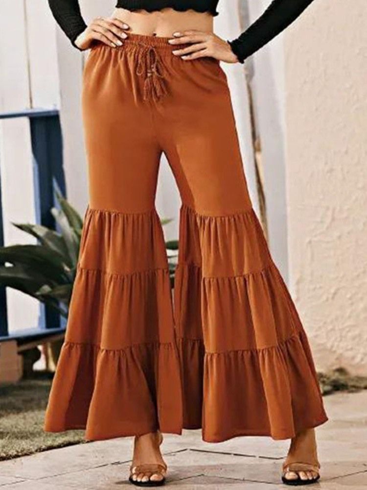 Calça Casual Feminina Liso Solto Pregueado Bellbottoms Comprimento Completo