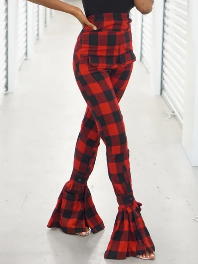 Calça Casual Feminina Plaid Slim De Cintura Alta