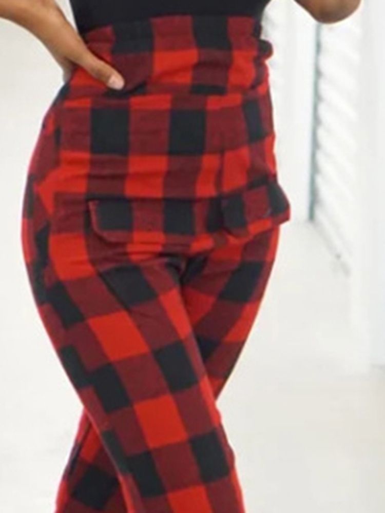 Calça Casual Feminina Plaid Slim De Cintura Alta