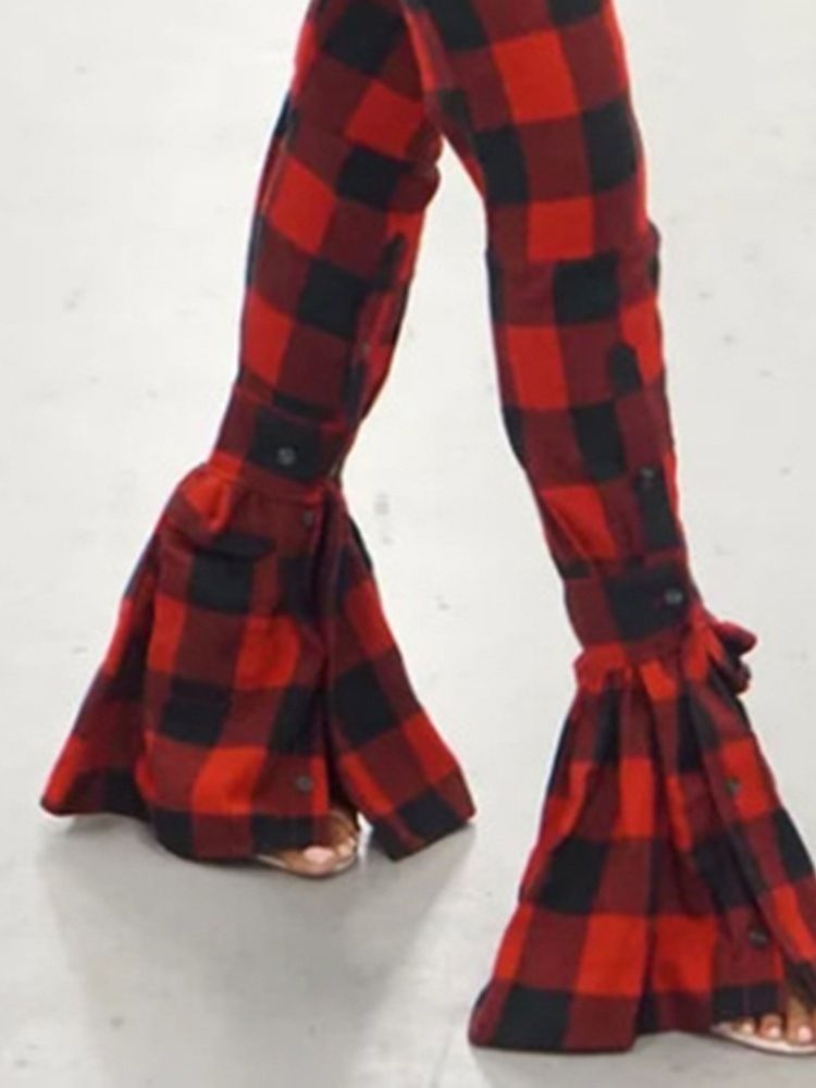 Calça Casual Feminina Plaid Slim De Cintura Alta