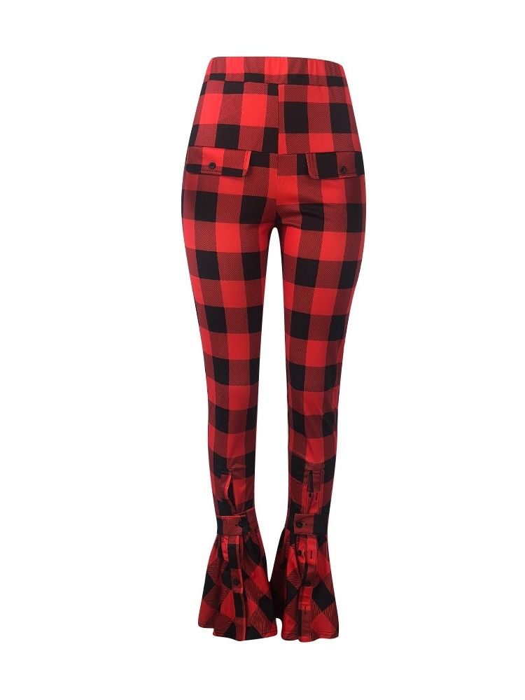 Calça Casual Feminina Plaid Slim De Cintura Alta