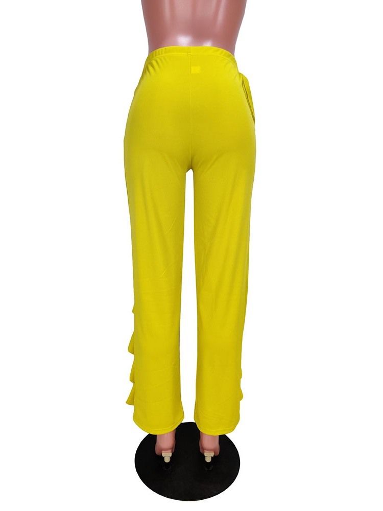 Calça Casual Feminina Simples Falbala Solta Comprimento Completo Pernas Largas