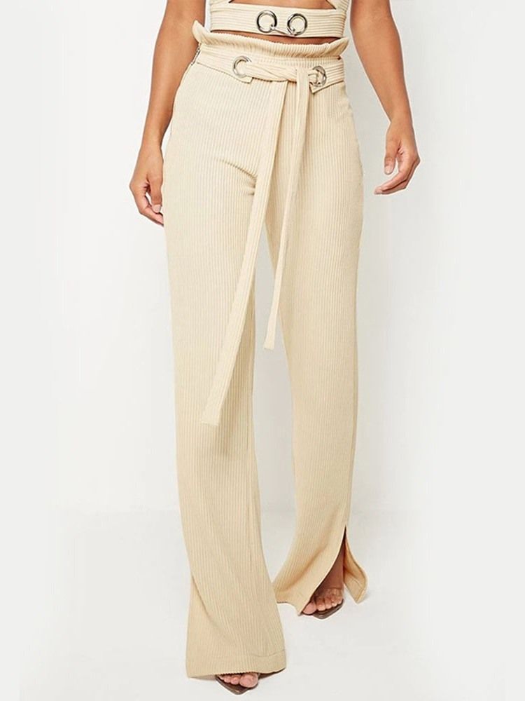 Calça Casual Feminina Simples Renda Slim Comprimento Completo Cintura Alta