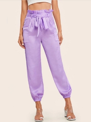 Calça Casual Feminina Slim Lace-up Liso Comprimento Do Tornozelo Médio