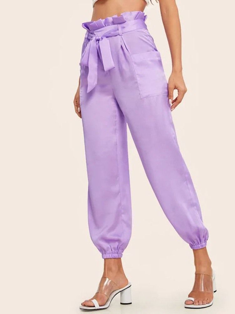 Calça Casual Feminina Slim Lace-up Liso Comprimento Do Tornozelo Médio