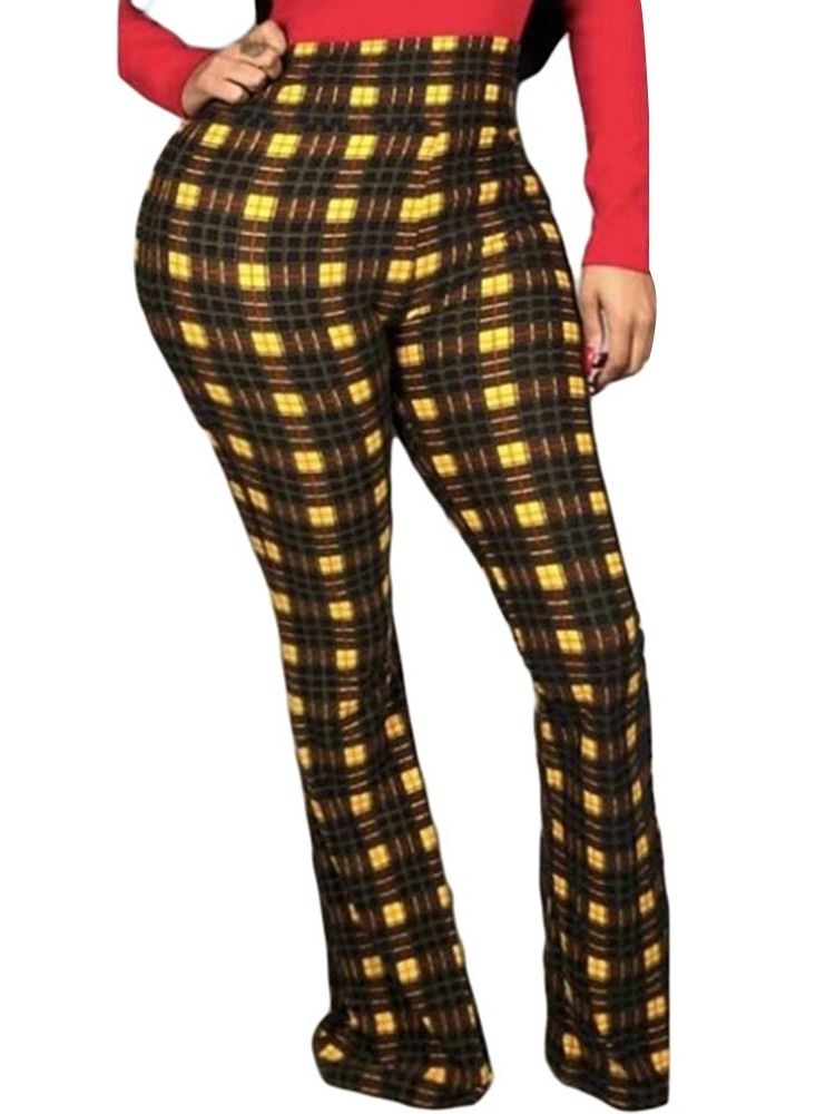 Calça Casual Feminina De Xadrez Fino De Comprimento Total Bellbottoms