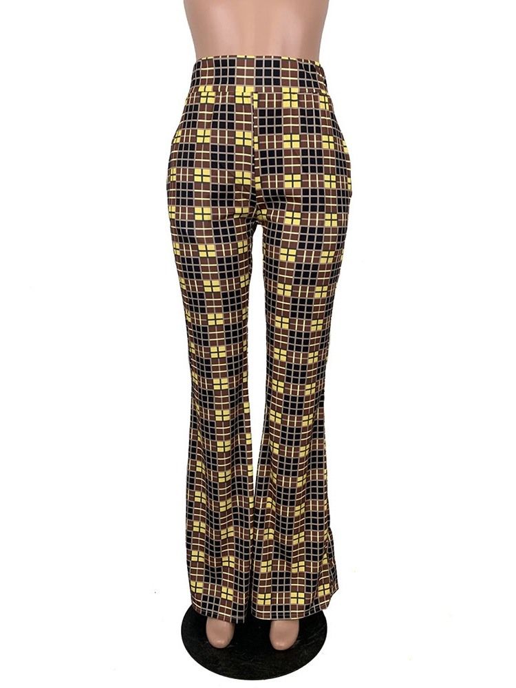 Calça Casual Feminina De Xadrez Fino De Comprimento Total Bellbottoms