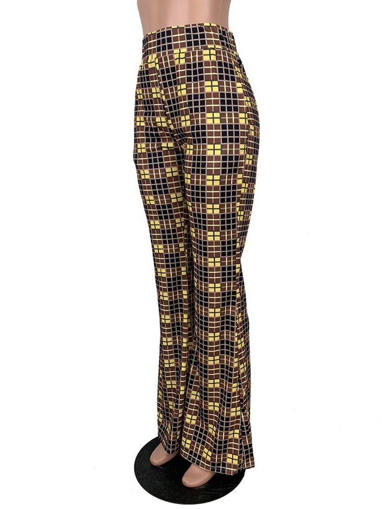 Calça Casual Feminina De Xadrez Fino De Comprimento Total Bellbottoms