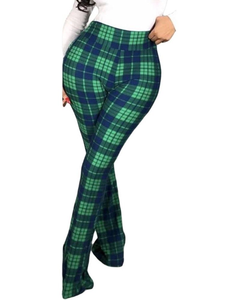 Calça Casual Feminina De Xadrez Fino De Comprimento Total Bellbottoms