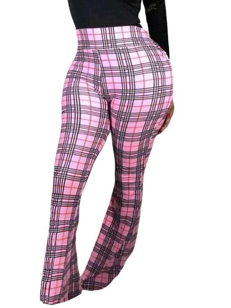 Calça Casual Feminina De Xadrez Fino De Comprimento Total Bellbottoms
