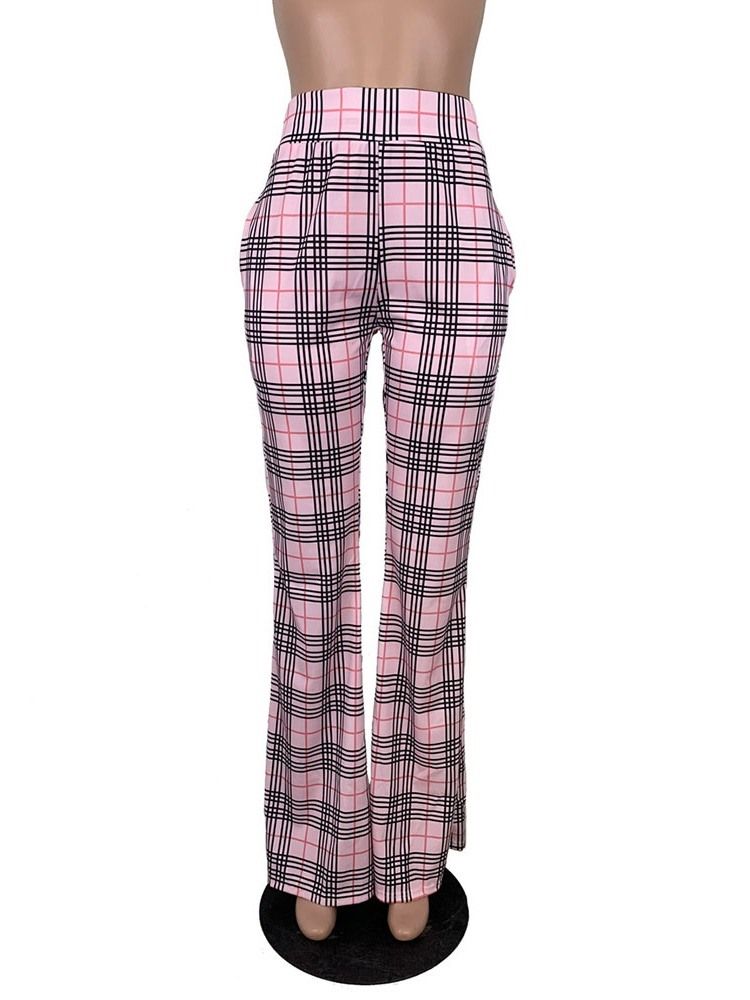 Calça Casual Feminina De Xadrez Fino De Comprimento Total Bellbottoms
