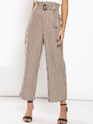 Calça Casual Feminina Xadrez Solta Até O Tornozelo De Cintura Alta
