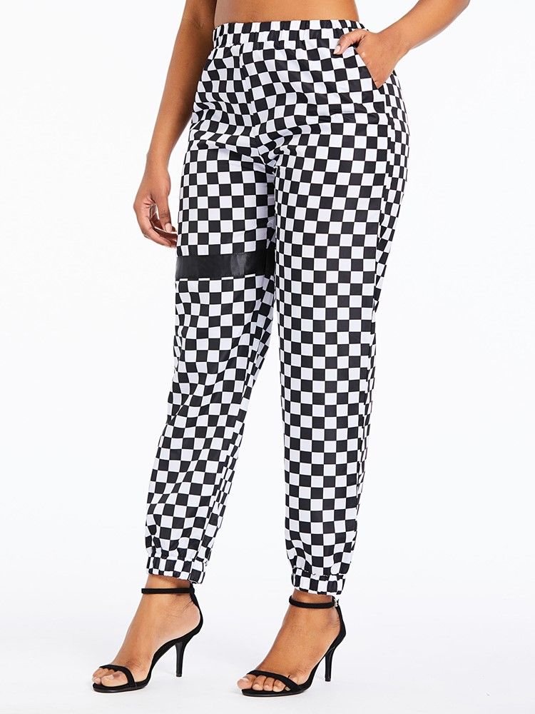 Calça Casual Feminina Xadrez Solto Estampa Completa