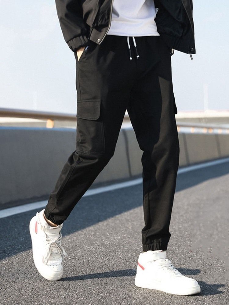 Calça Casual Masculina De Bolso Com Cordões