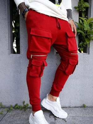 Calça Casual Masculina De Bolso Liso Com Cordões De Cintura Média