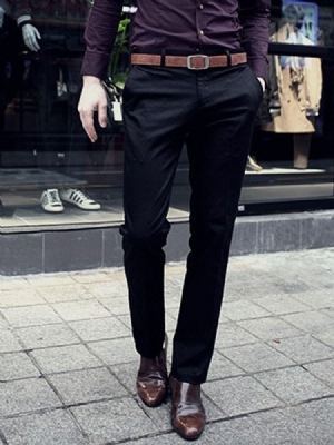 Calça Casual Masculina Lisa Com Zíper De Cintura Média