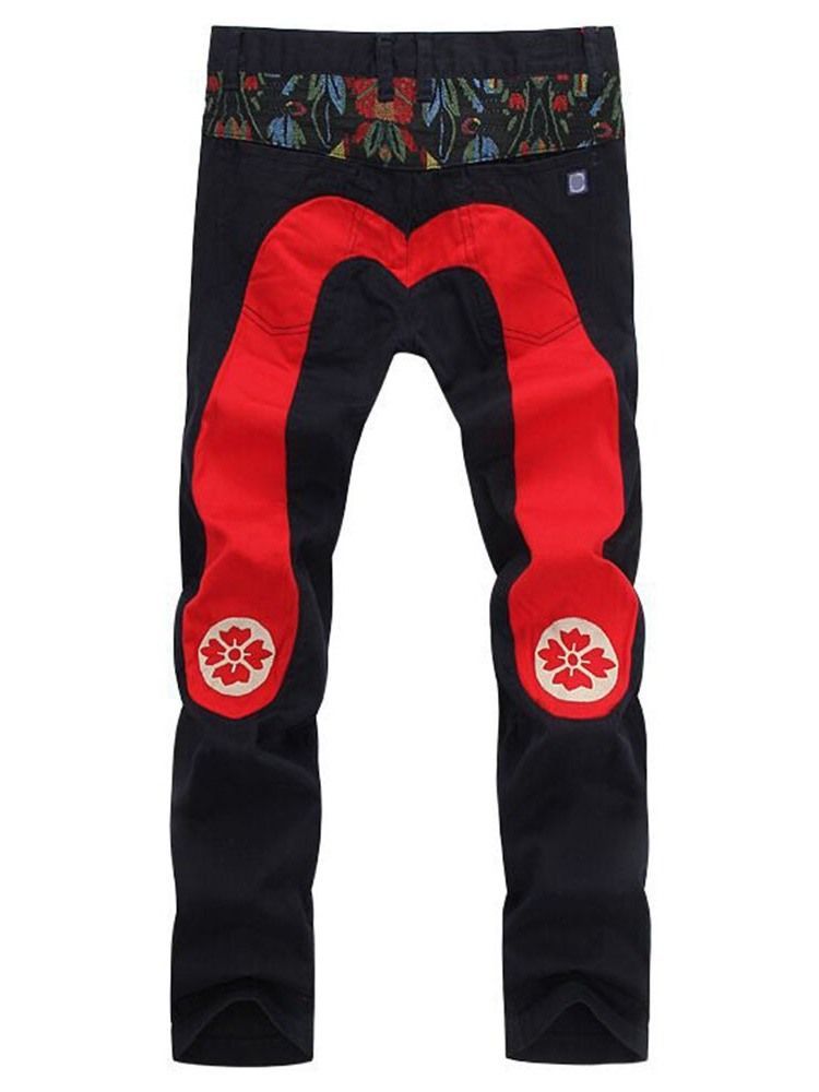 Calça Casual Masculina Reta Patchwork Floral Com Cintura Média Europeia