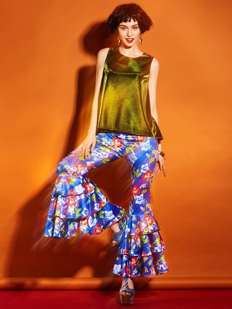 Calça Feminina Elástica Com Babados Floral Bellbottoms