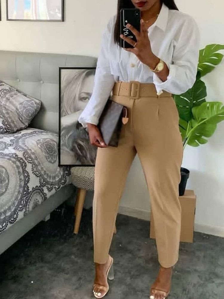 Calça Harem De Cinto Fino Liso Comprimento Do Tornozelo Calça Casual Feminina