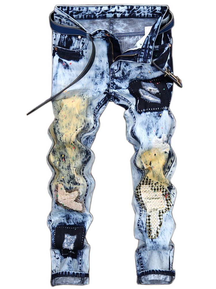 Calça Jeans Exclusiva Remendada Reta Casual Masculina