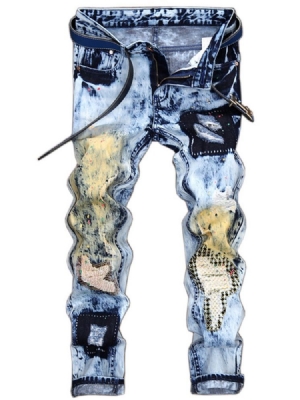 Calça Jeans Exclusiva Remendada Reta Casual Masculina