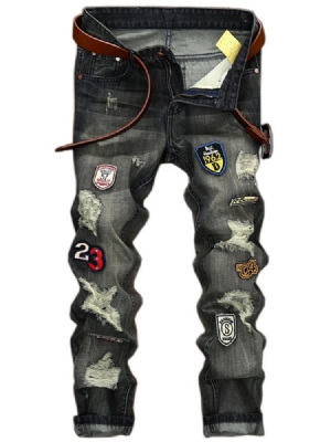 Calça Jeans Reta Com Buracos Para Medalha Remendada Única Masculina
