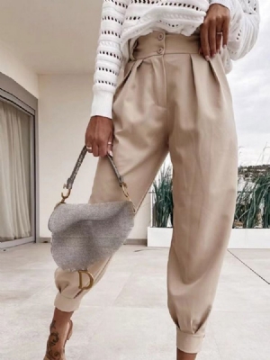 Calça Lápis Botão Liso Esguio Calça Casual Feminina Até O Tornozelo