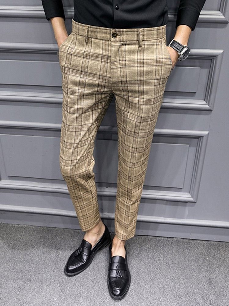 Calça Lápis Com Estampa Xadrez Calça Casual Masculina Com Zíper De Outono