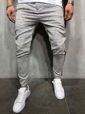 Calça Lápis Patchwork Masculina Xadrez Outono Cintura Média Calça Casual
