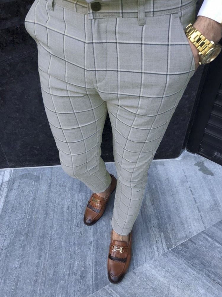 Calça Lápis Xadrez Com Zíper Calça Casual Masculina
