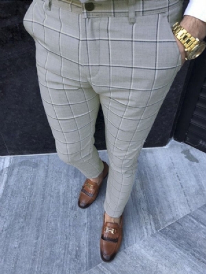 Calça Lápis Xadrez Com Zíper Calça Casual Masculina