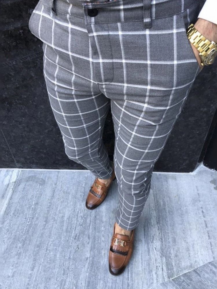 Calça Lápis Xadrez Com Zíper Calça Casual Masculina