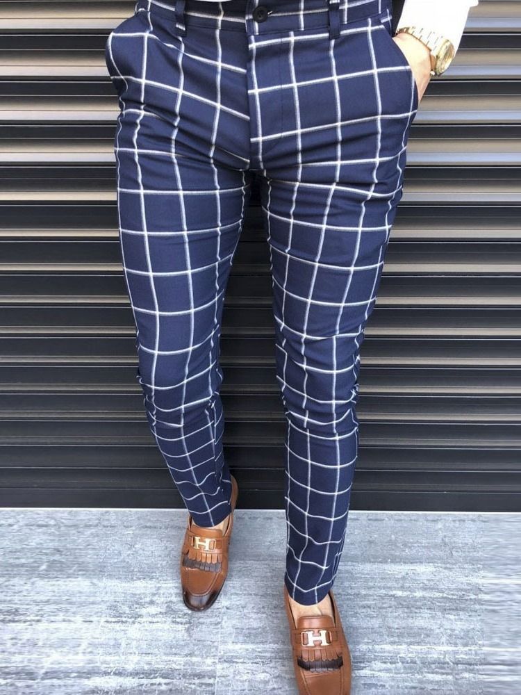 Calça Lápis Xadrez Com Zíper Calça Casual Masculina