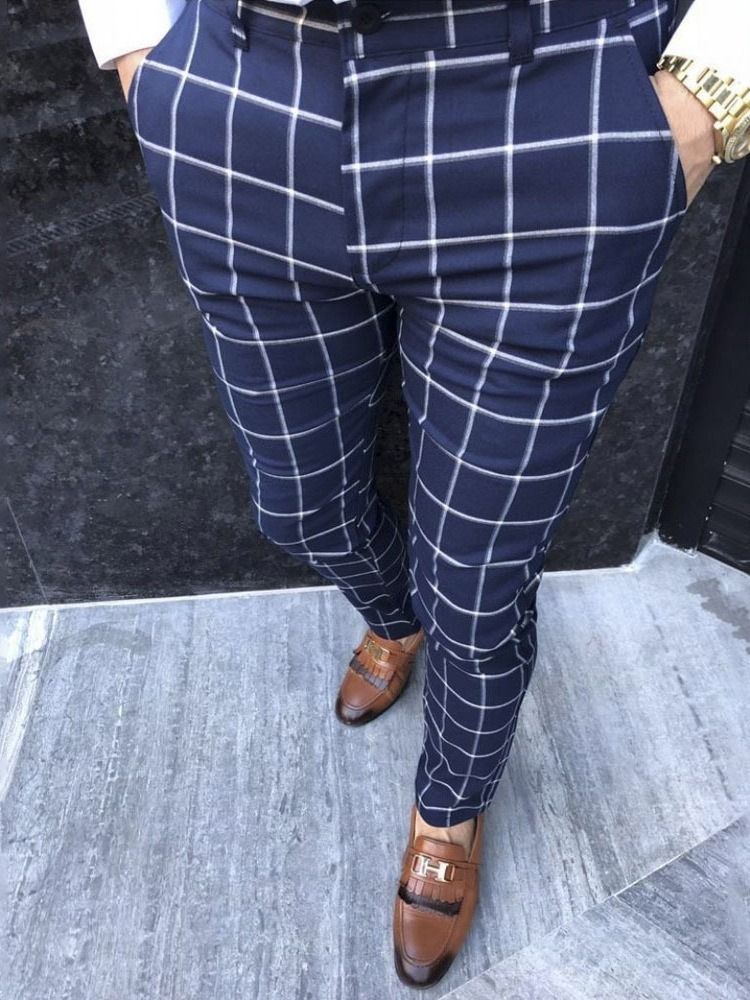 Calça Lápis Xadrez Com Zíper Calça Casual Masculina