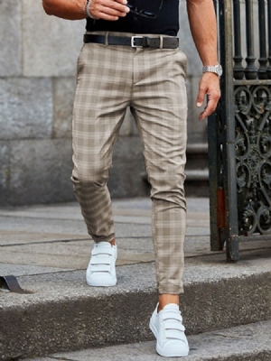 Calça Lápis Xadrez Masculino Calça Casual Com Zíper De Cintura Média