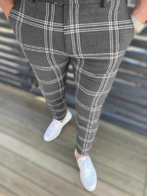 Calça Lápis Xadrez Zipper Europeu Calça Casual Masculina