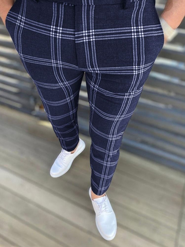 Calça Lápis Xadrez Zipper Europeu Calça Casual Masculina