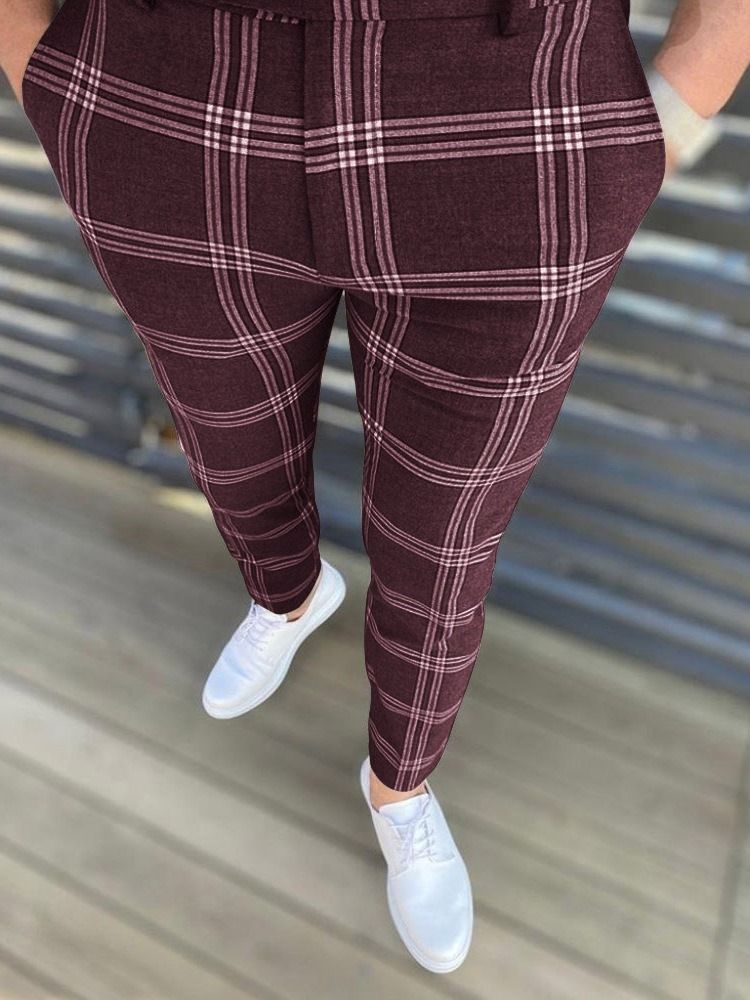 Calça Lápis Xadrez Zipper Europeu Calça Casual Masculina