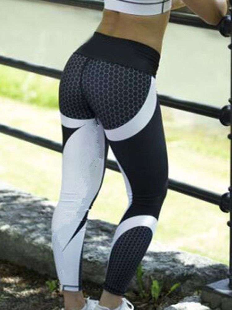 Calça Leggings Casual Feminina Com Bloco De Cores Geométrico Patchwork